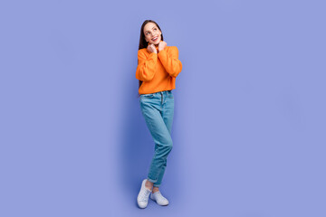 Poster - Full body photo of lady in jeans orange turtleneck touch collar loves xmas vibe look mockup winter sale isolated on violet color background