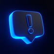 Danger attention bell or emergency notifications alert with bright glowing futuristic blue neon lights on black background. 3D icon, sign and symbol. Cartoon minimal style. 3D render illustration