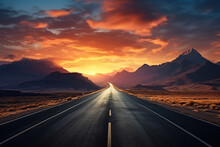 Empty Asphalt Road And Mountain Scenery At Sunrise