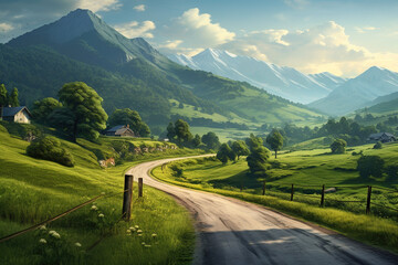 Wall Mural - country road and green mountains in summer.