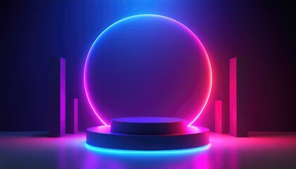 Wall Mural - abstract 3d shelf or white stand podium scene pastel color with neon ring background. AI generated.