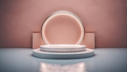 Wall Mural - Valentine concept. 3d products podium with pink neon and Plants background. AI generated.