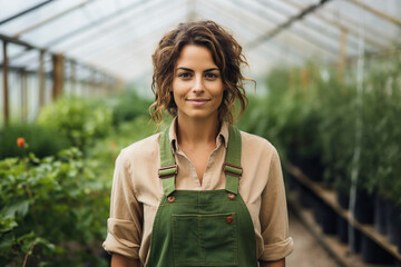 Wall Mural - Excited farmer gardener person working in greenhouse Generative AI earth day