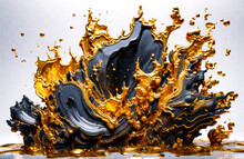 Contemporary Realistic Abstract Art Of Black And Gold Splashes. Generative Ai