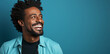 © Allistair/Peopleimages - AI - Laughing, african man and beard, fashion and trendy clothes in elegant style on banner background. Mockup space, face and confident male model with happy expression on studio color backdrop