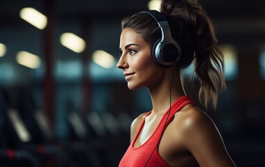 Fitness girl in a red top with headphones in gym. AI