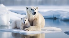  Ursus Maritimus Habitat. White Polar Bear With Cub In Arctic Wildlife.  Mother And His Baby. North Pole Environment. Snowy Icy Landscape. Ecology Concept