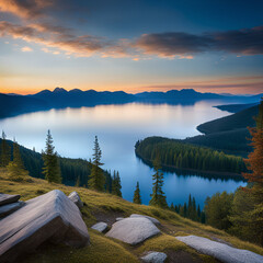 View of the lake in the mountains.