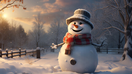 Cute little snowman in a hat and scarf at sunset against the backdrop of a backyard winter landscape. Christmas and New Year`s concept for holiday greeting card, poster, banner.