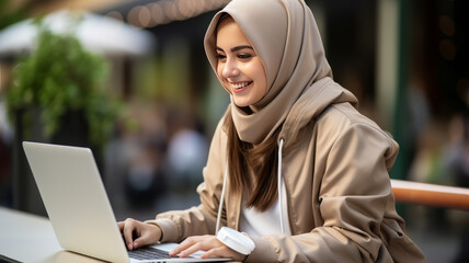 Young asian muslim woman looking at laptop happy excited successfull