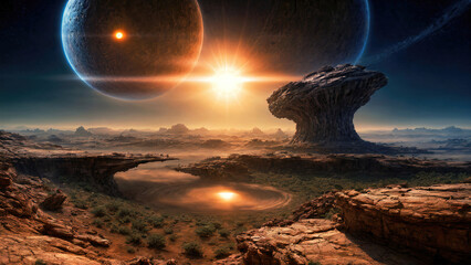 Wall Mural - alien planet landscape with glowing sun and mountains with fantastic rocks formations 3d illustratio