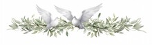 Beautiful Peace And Freedom Symbol Illustration, White Doves And Olive Branches, Harmony Animal And Nature Design Pattern, Page Decoration, Purity And Love Concept Drawing Isolated On White Background