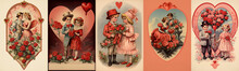 Set Of Vintage Antique Style Valentine's Day Greeting Cards With Cute Lovers, Children, Red Roses, Balloons And Hearts