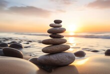 Pyramids Of Gray Zen Pebble Meditation Stones Sea Or Ocean Sand Beach Sunset Or Sunrise Background. Concept Of Harmony, Balance And Meditation, Spa, Massage, Relax.