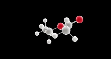 Ethyl acetate molecule, rotating 3D model of solvent, looped video on a black background