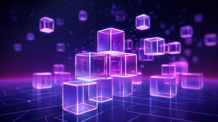 Abstract, blockchain and online storage technology for data, security and network connection. Neon, glow and purple squares on black background illustration for matrix, metaverse and cyberspace