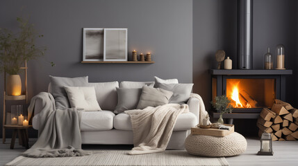 Corner, sofa near fireplace. Scandinavian home interior design of modern living room