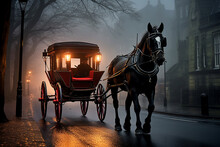 Retro Style Horse Carriage On A Foggy City Street