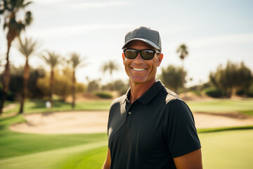 Sticker - 
Portrait of smiling man standing on golf course with palm trees in background.