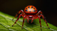 A Close-up Macro Shot Of A Small Tiny Red Spider On A Leaf.