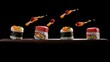 Balanced food levitation. Flying sushi rolls with seafood ingredients. Creative art concept Asian Japanese food.  