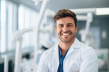 Portrait of a mature medical doctor smiling with folded arms.