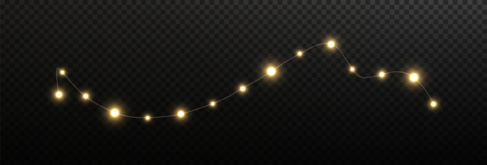 Wall Mural - Festive Christmas light gold garlands png. Decor element for postcards, invitations, backgrounds transparent, business cards. Stock royalty free. Winter new collection 2024.	