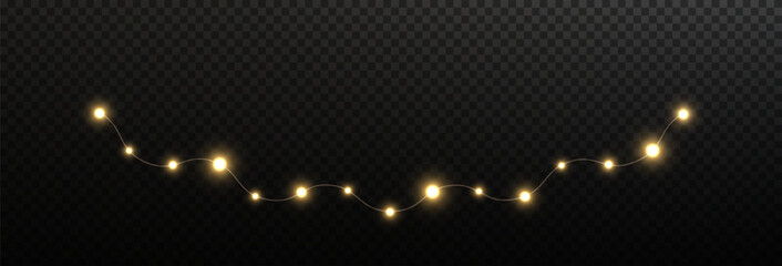 Wall Mural - Festive Christmas light gold garlands png. Decor element for postcards, invitations, backgrounds transparent, business cards. Stock royalty free. Winter new collection 2024.	