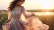 A serene portrait of a woman in a flowing chiffon dress, standing amidst a tranquil meadow, with the soft light of dawn enhancing the dress's delicate pastel hues.