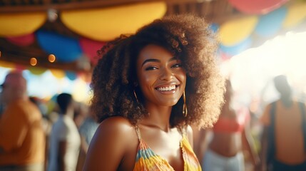 Portrait of happy beautiful young black woman with long curly hair in dance movement at beach disco bar. Summer vacation, holiday, happiness, music concept generative ai