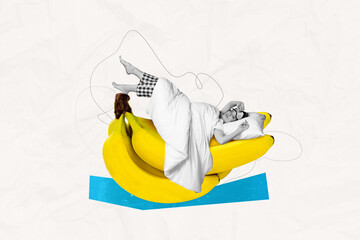 Sticker - Creative abstract collage of young female sleeping lying bananas have rest cook eat food surrealism template metaphor artwork concept