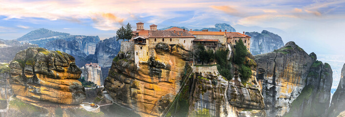 Canvas Print - Landmarks of Greece - unique monasteries of Meteora over sunrise. UNESCO heritage site