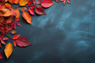 Wall Mural - Autumn background with colored red leaves on blue slate background. Top view, copy space for banner or poster