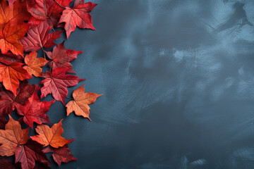 Wall Mural - Autumn background with colored red leaves on blue slate background. Top view, copy space for banner or poster