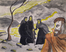 Macbeth Gets His First Look At The Three Witches.  From The Shakespeare Play.  