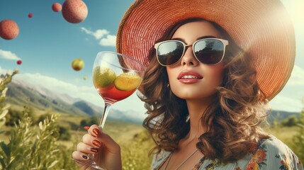 Wall Mural - : A snapshot of a stylish young woman, her straw hat and sunglasses the epitome of summer fashion, enjoying a refreshing fruit juice, with an air balloon gently floating above a verdant meadow.