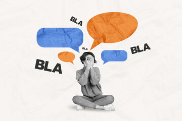 Canvas Print - Creative drawing collage picture of shy woman avoid bla gossip speech bubble speak tell talk surrealism template metaphor artwork concept