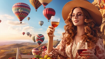 Wall Mural - : A vibrant scene of a fashionable young woman clad in a straw hat and sunglasses, her enjoyment evident as she drinks fruit juice, with the lively background of a bustling air balloon festival.