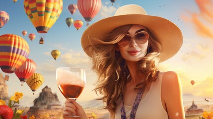 Wall Mural - : A vibrant scene of a fashionable young woman clad in a straw hat and sunglasses, her enjoyment evident as she drinks fruit juice, with the lively background of a bustling air balloon festival.