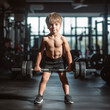 Little boy powerlifter training with barbell at gym. Generative AI