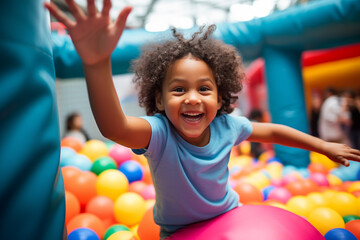 Happy child playing at children entertainment center. Generative AI