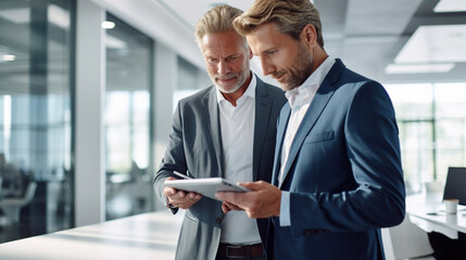 photo of close-up portrait of a bearded man in a blue suit jacket and white shirt attentively examines a tablet, angled toward a colleague in a light blue shirt who is partially visible and speaking t