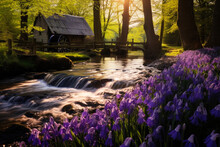 Spring Forest Nature Landscape, Beautiful Spring Flowers Stream, River Rocks And Old Water Mill In Mountain Forest