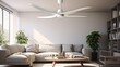 A modern white ceiling fan, its blades in motion, symbolizing the blend of form and function in home comfort.