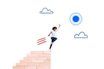 Wall Mural - 3d retro abstract creative artwork template collage of happy funky guy running aim step by step isolated white color background