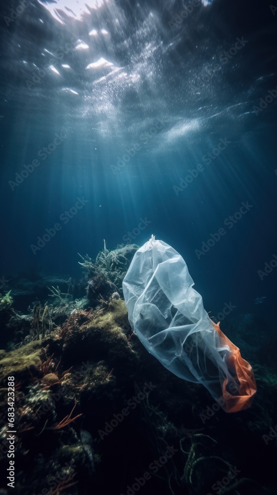 Ocean pollution with plastic: a plastic bag floating underwater amidst ...