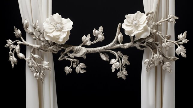 A pair of intricately detailed curtain tie-backs, their ornamental nature highlighted, displayed on a snow-white background.