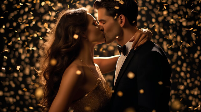 A kiss of a young couple in love at a party in honor of the holiday.