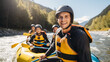 Young man on a thrilling white-water rafting expedition. He commands the raft with confidence through challenging rapids, creating an unforgettable outdoor experience with his friends.