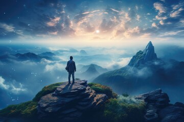 Wall Mural - A man stands on top of a mountain, captivated by the beauty of the sky. Perfect for nature enthusiasts and those seeking inspiration from the vastness of the world.